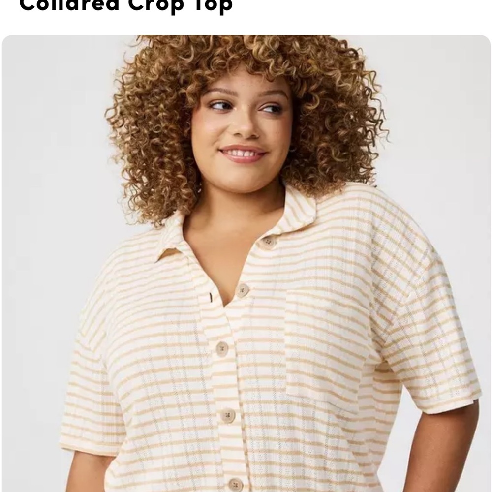 torrid Cream & Tan Striped Collared Crop Button-Down